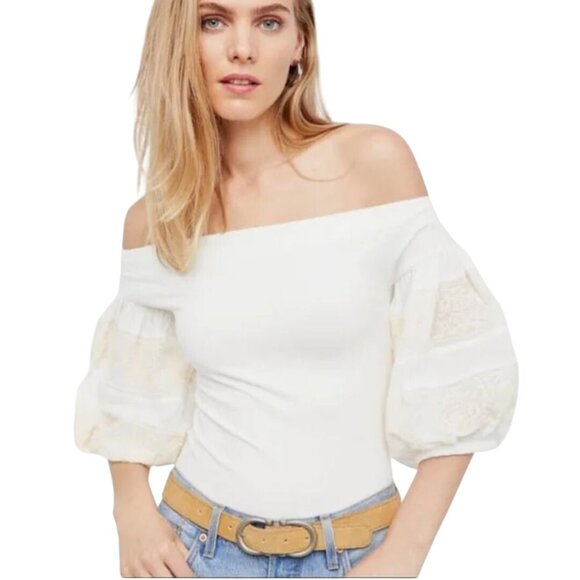 Free People NWT Rock With It Embroidered Knit Blouse Ivory Puff Sleeve Size S - Picture 1 of 11